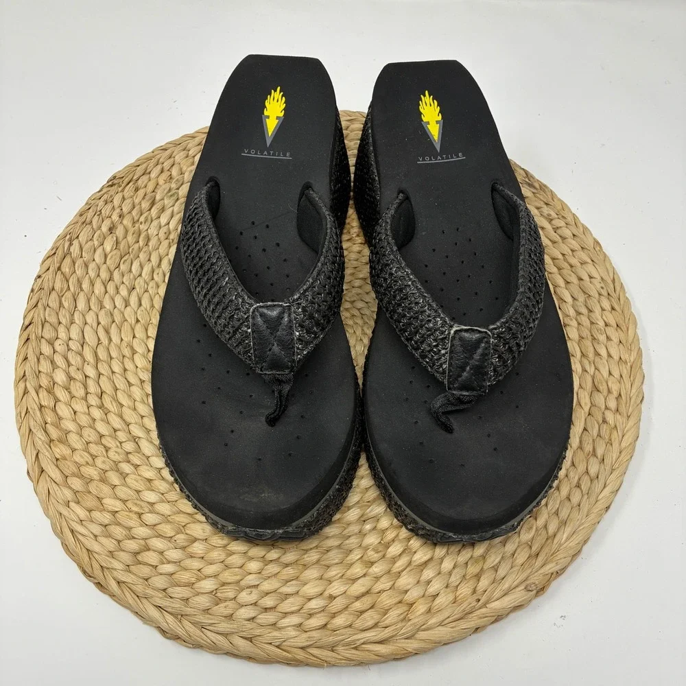 Volatile Vintage Y2K Platform Wedge Thong Sandals‎ Black Women's Size 9 Chunky